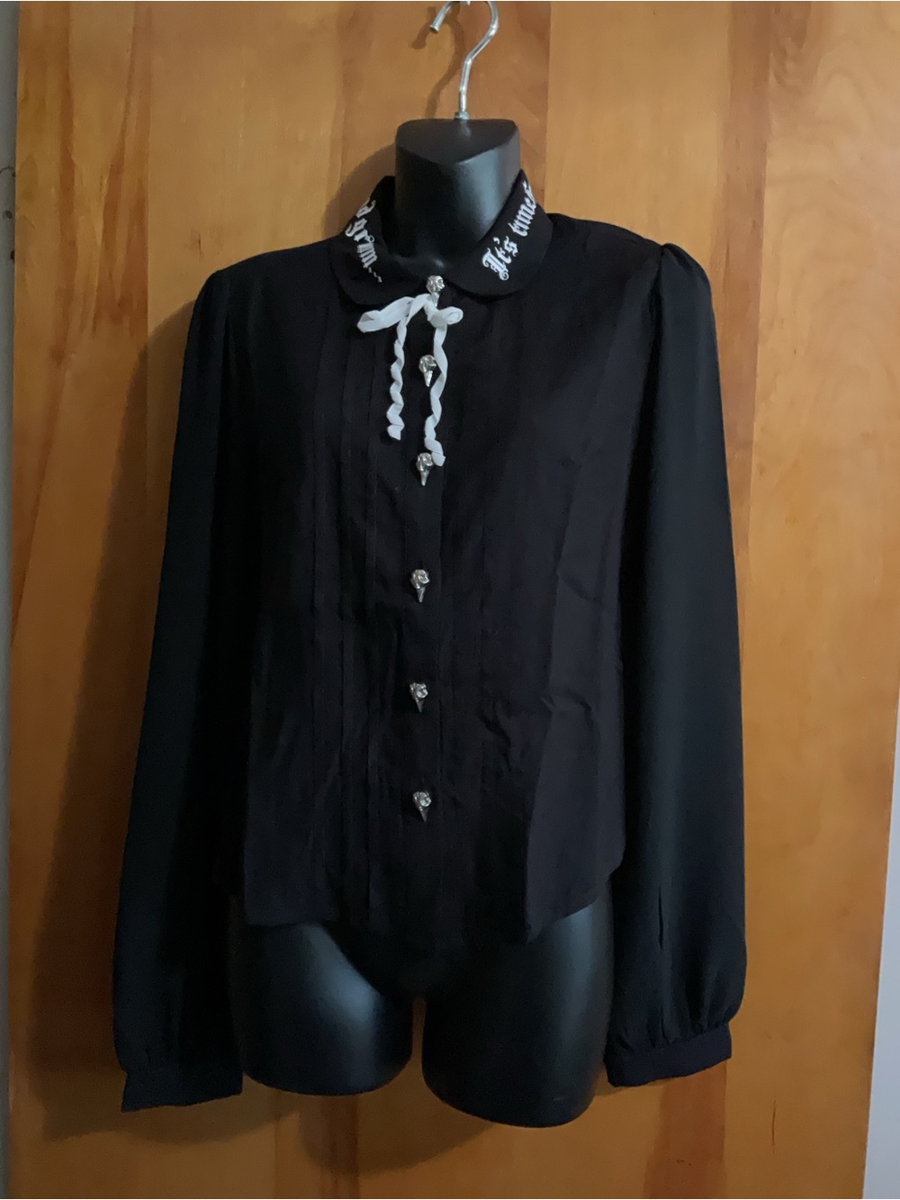 Hot Topic Poe inspired Black Long-Sleeve Button Front Blouse with Contrast Tie